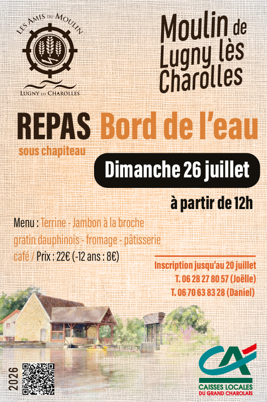 Flyer du repas organisé au moulin le 26 juillet 2026